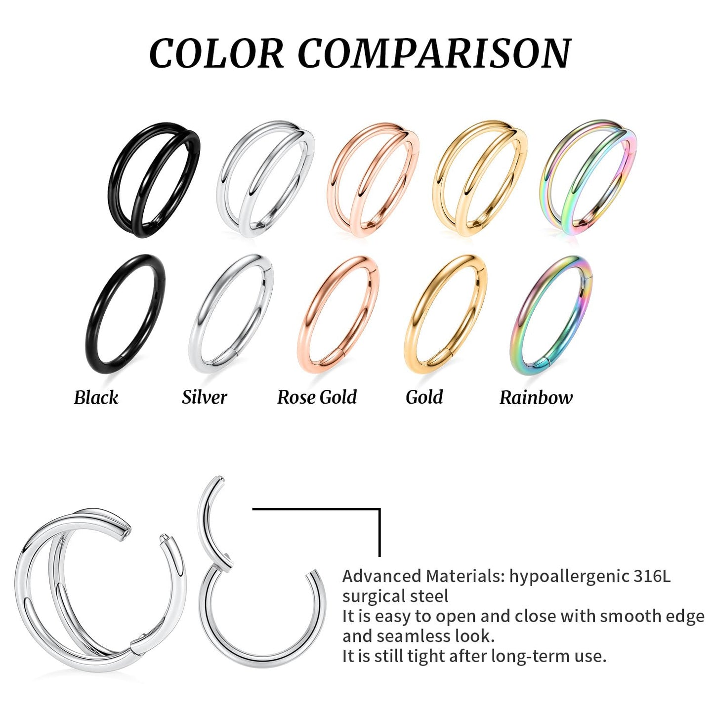 14g Nose Ring Hoop Earrings Gold Nose Hoops 14 Gauge Lip Rings Double Hoop Septum Hoop Seamless Septum Clicker 12mm Septum Ring Cartilage Earring Helix Earring Rook Earrings Nose Rings Surgical Steel