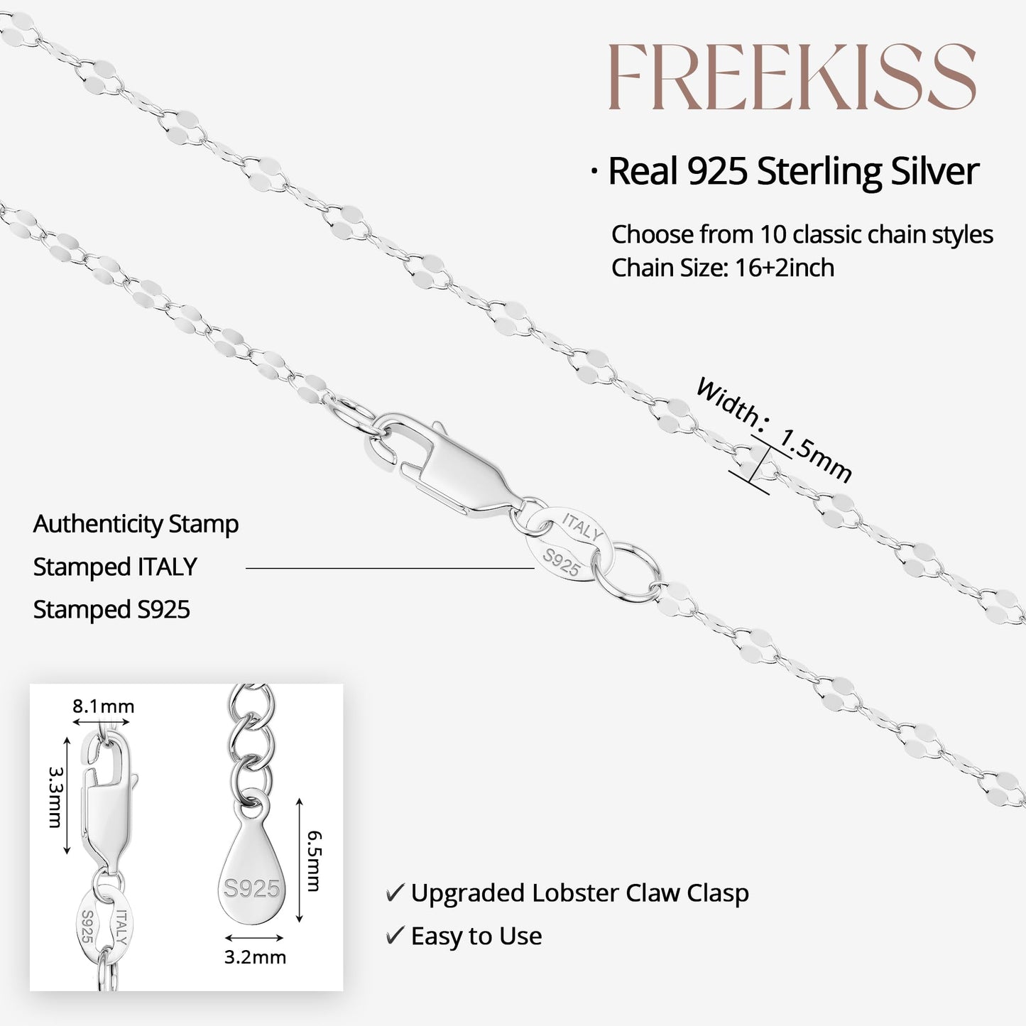 Freekiss 925 Sterling Silver Chain Choker Necklace for Women Trendy 16+2 Inch Adjustable Dainty Layered Lip Chain Necklace Classic Simple Fashion Silver Jewelry Gift 2.5mm