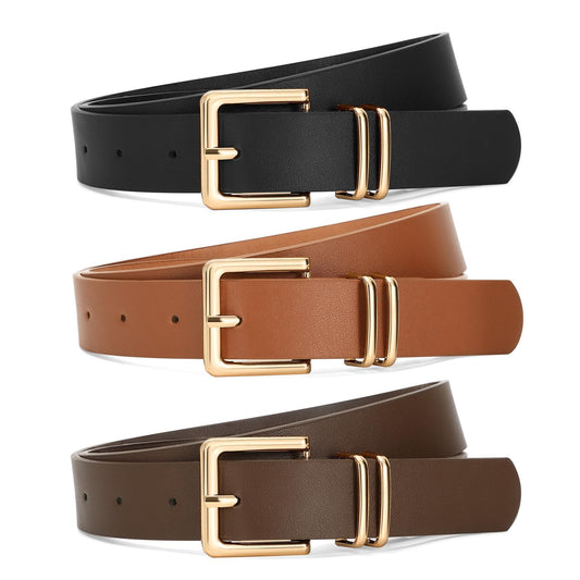 SANSTHS 3 PACK Women Leather Belts for Jeans Pants Dresses Fashion Ladies Waist Belt with Gold Square Buckle,Black Brown Coffee,S