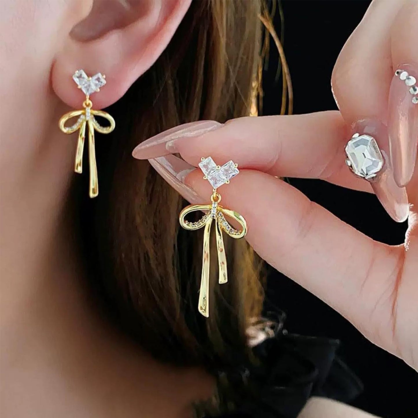 WASAIE Dainty Brass Bow Dangle Earrings for Women,14K Gold Plated Brass Elegance Love Heart Cubic Zirconian Bowknot Earrings for Prom Wedding Brides