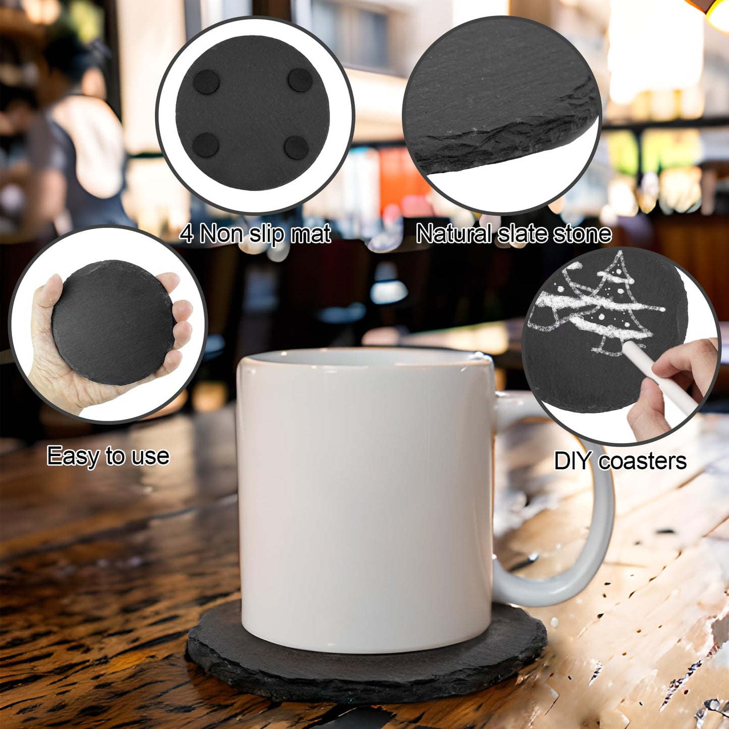 60 Pieces Slate Coasters. Dhfsleo 4 inch Black Coasters Stone Coaster Set,Laser Engraving Blanks with Anti-Scratch Bottom, Perfect for use in Your Home, Office, Kitchen,bar or Anywhere.Round