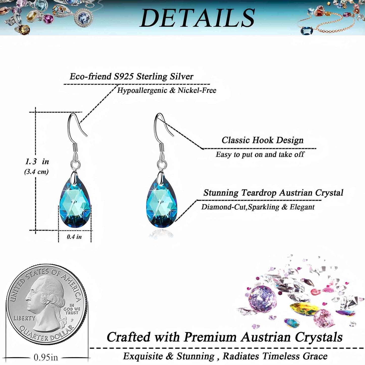 Austrian Crystal Teardrop Dangle Earrings for Women Drop Hook Earring 925 Sterling Silver Hypoallergenic Jewelry (Bermuda Blue)