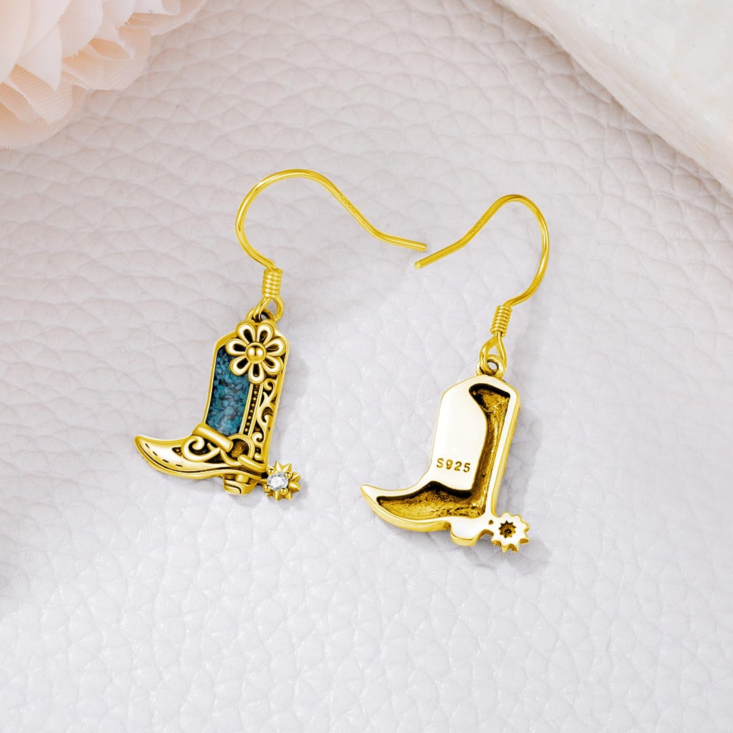 KoyeKei Gold Cowboy Boot Earrings 925 Sterling Silver Cowgirl Texas Boot Dangle Drop Earrings Western Turquoise Jewelry Country Gifts for Women