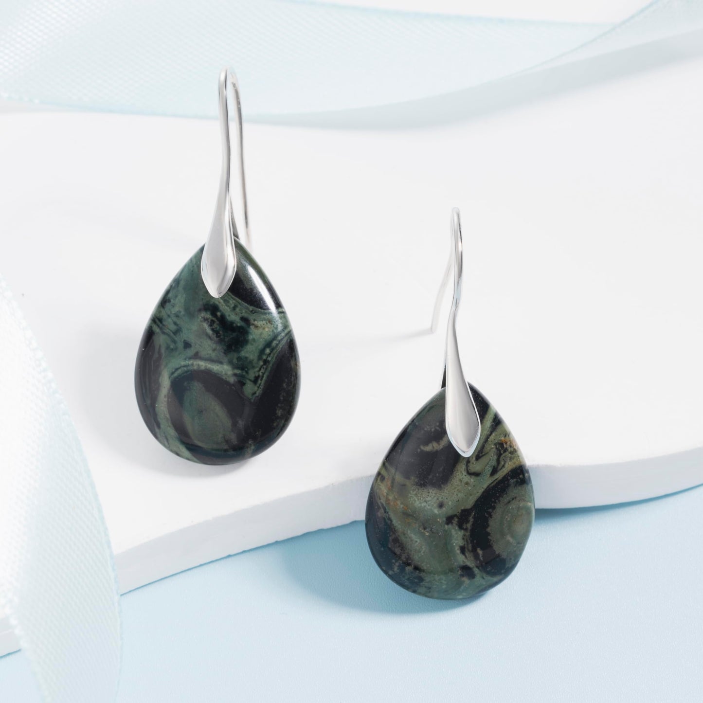 SELOVO Blackish Green Stone Teardrop Fishhook Dangle Drop Earrings Silver Tone