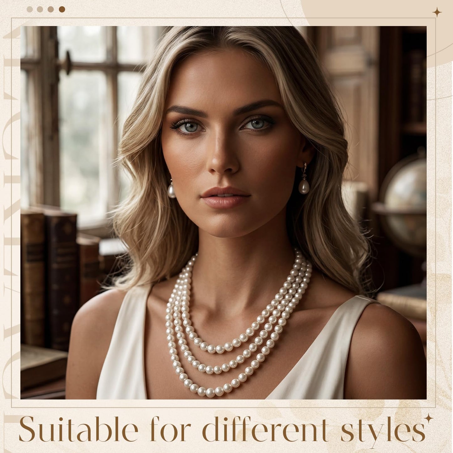 Aurelema 2 Pack Long Pearl Necklace for Women 1920s Costume Party Jewelry Faux Pearls Strand Beads for Ladies(70 Inches,8 mm,Glass,Cream White)