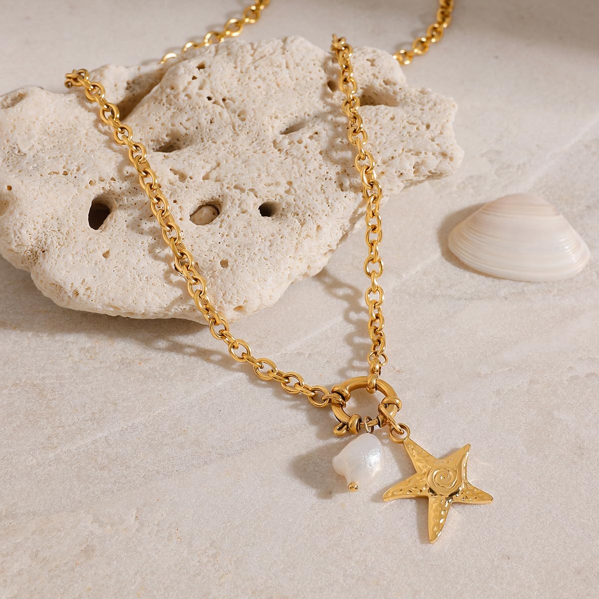 Seamido Dainty Gold Necklace for Women, 18k Gold Plated Waterproof Necklace Charm, Summer Beach Choker with Butterfly Pearl Sea Star Trendy Elegant Jewelry for Her