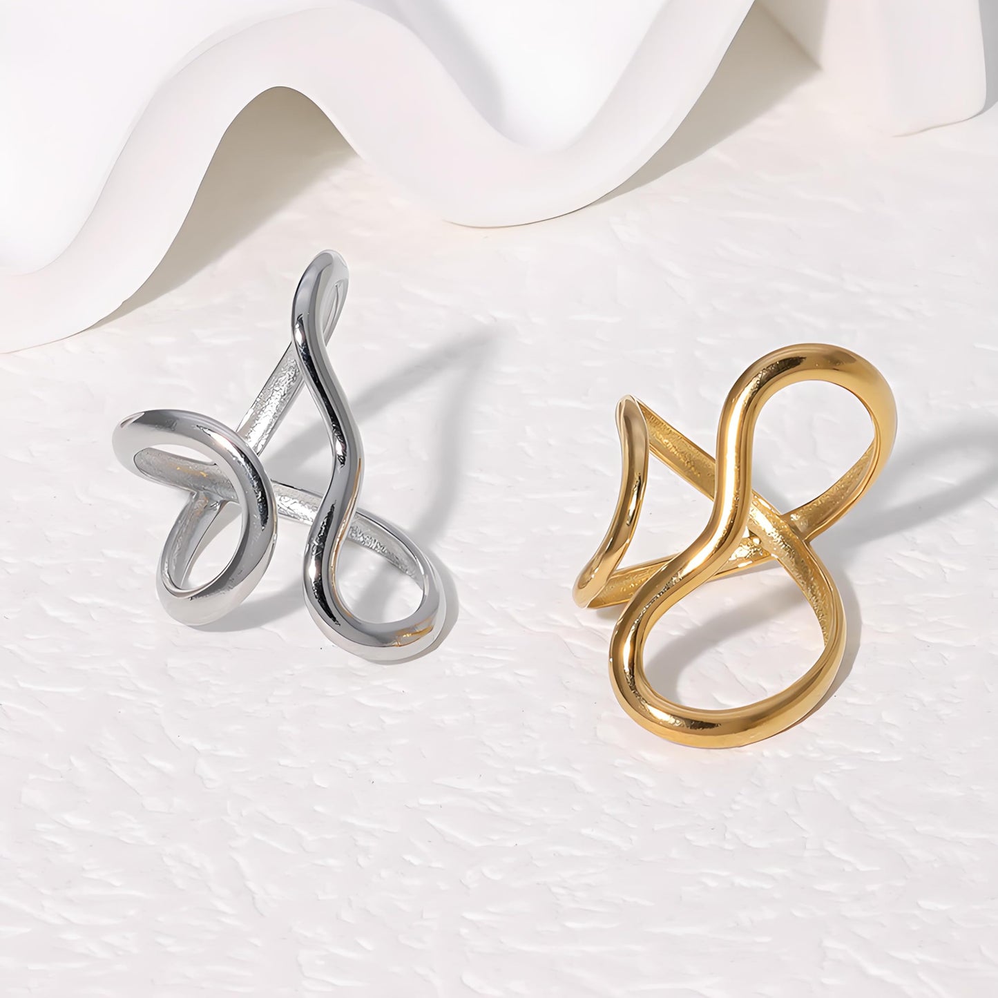 AIETUE Chunky Rings For Women, Gold Silver Thumb Ring Asymmetrical Wavy Curve Ring Adjustable Non Tarnish Dainty Stainless Steel New Year Anniversary Birthday Jewelry Gift (Gold+Silver)
