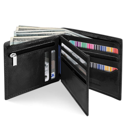 LYOOMALL Wallet for Men, Large Capacity Genuine Leather RFID Blocking Bifold Wallet/Credit Card Holder for Men, with Coin Pocket, Zipper Cash Pocket, ID Window and 10 Card Slots (Black)