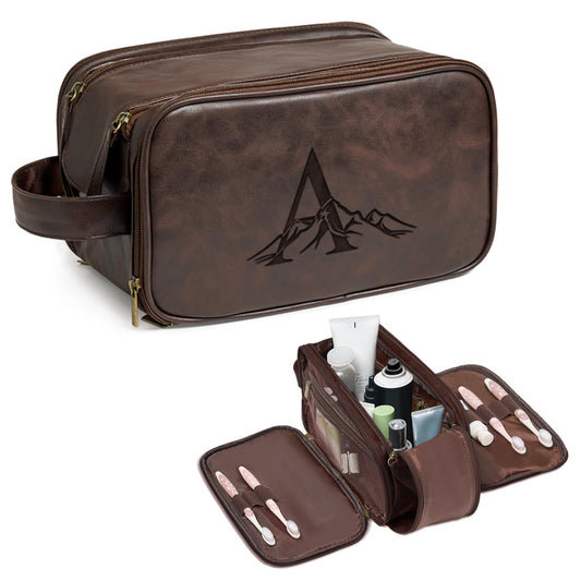 Janhavi Travel Toiletry Bag For Men Waterproof, Groomsmen Gifts Personalized Leather Engraved Initials & Mountain, Mens Dopp Kit Bag, Birthday Gifts For Men, Travel Tssentials (Dark Brown A)