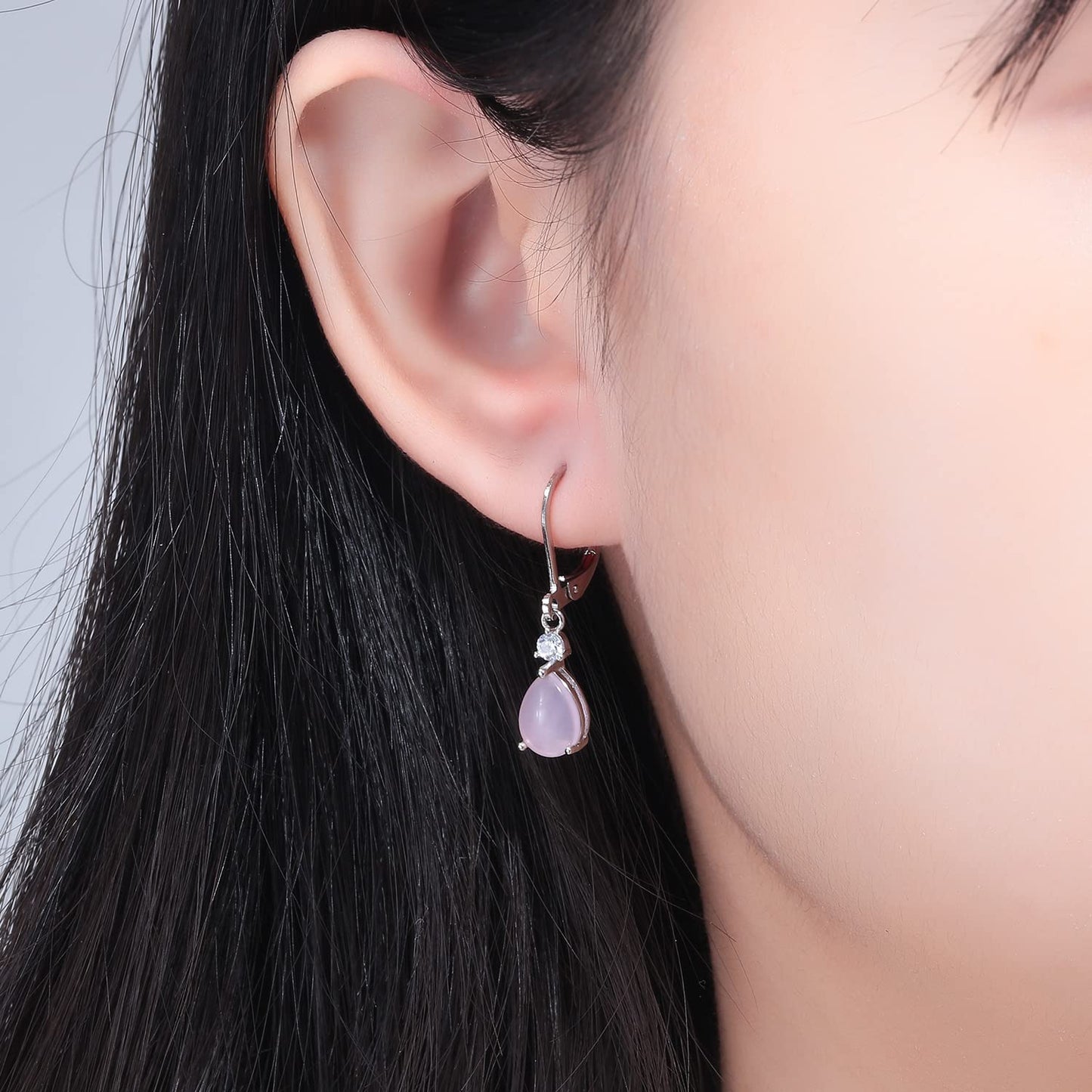 CiNily Womens Pink Leverback Dangle Earrings for Women Rose Quartz Drop Earrings 14K White Gold Plated Teardrop Gemstone Earrings