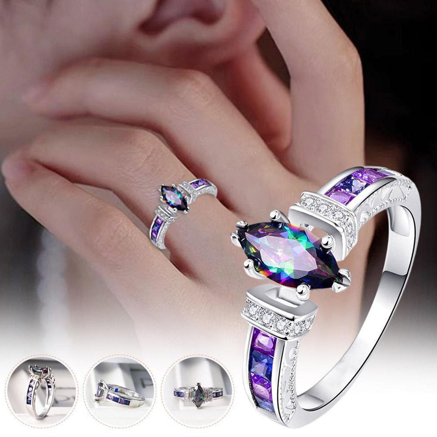 Magtherapy Quartz Slimming Ring, Moissanite Torina Crystal-Quartz Ionix Ring Heathcryt Lymph Drainage Therapy Rings Multicolor Marquise Cut Cubic Zirconia Inlaid Finger Ring Jewelry for Women Men(10)