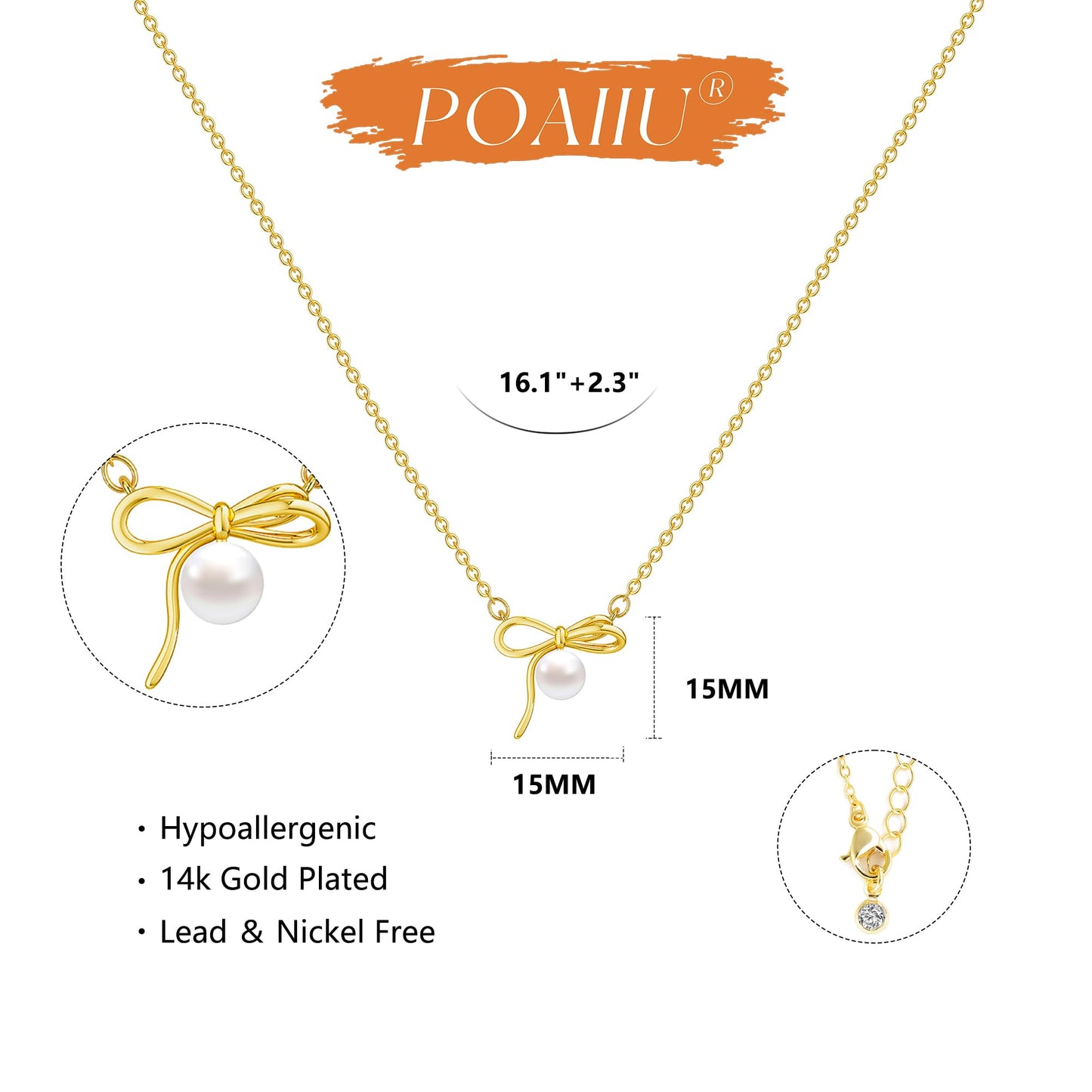 Poaiiu 14K Gold Plated Necklace for Women - Bow Necklace Dainty Choker Necklace Cute Small Tiny Beads Chain Pendant Necklaces Fashion Jewelry Gifts
