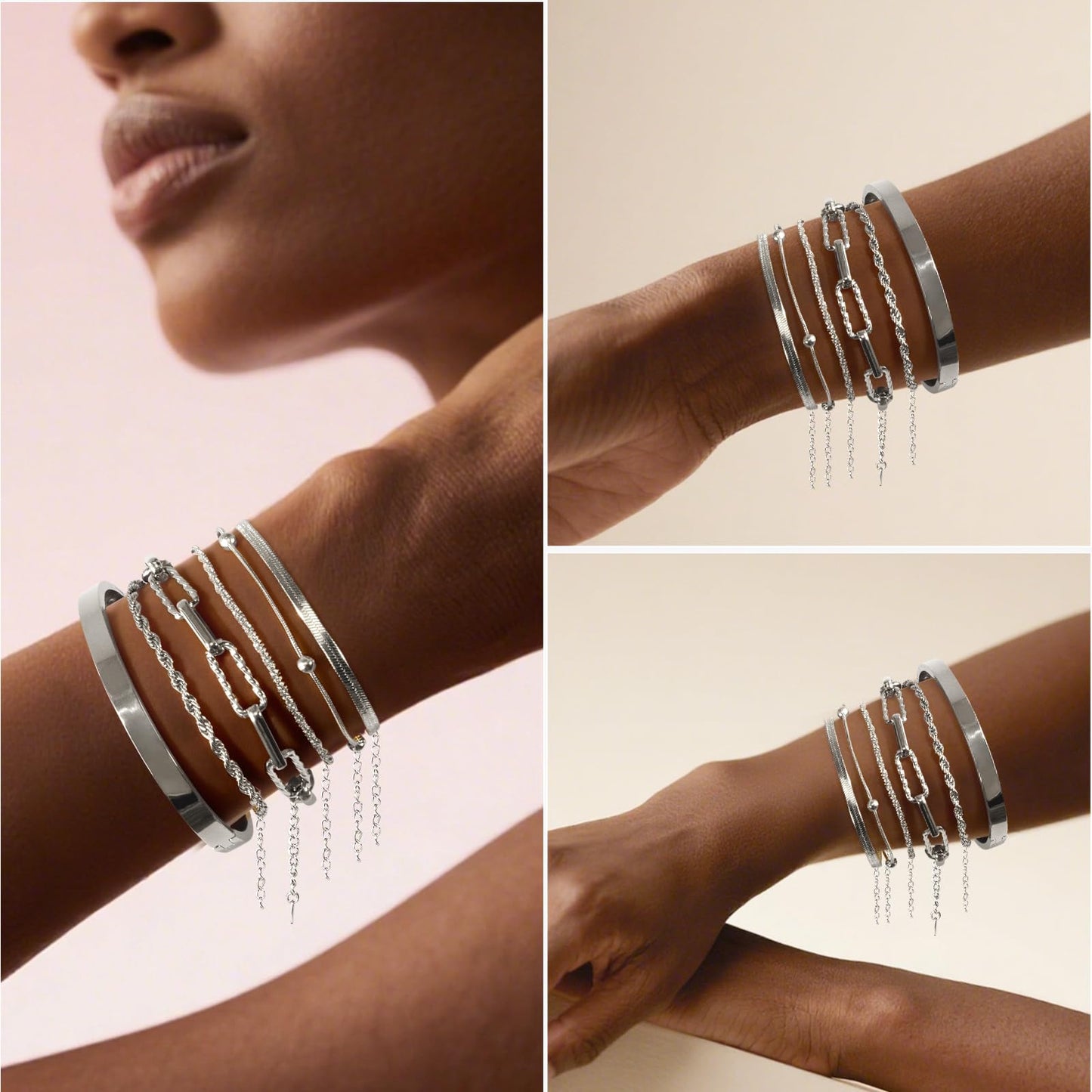 Gold Bracelets for Women, Exquisite 18K and 14K Real Gold-Plated Bracelet Stacking Sets, Waterproof Cuban Chains, Paperclip Chain , Cuff Bangles, Non Tarnish,Jewelry Gifts for Women (18Ksilver 6)