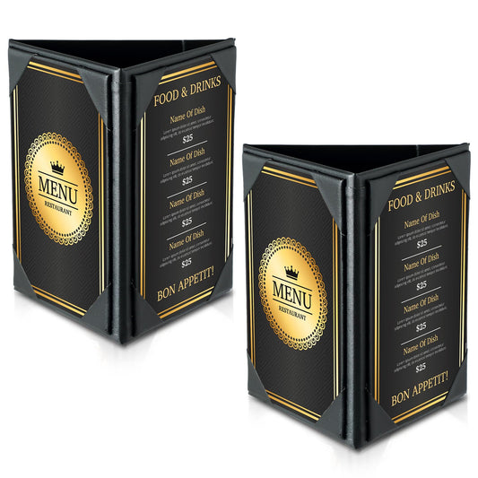 FLKQC Table Tent Triangle Menu Holders 4" x 6", 2 Pack 3-Side Leatherette Picture Frames, Menu Cover with Angled Corners for Restaurant, Bar, Cafe, Wedding, Durable Menu Folders