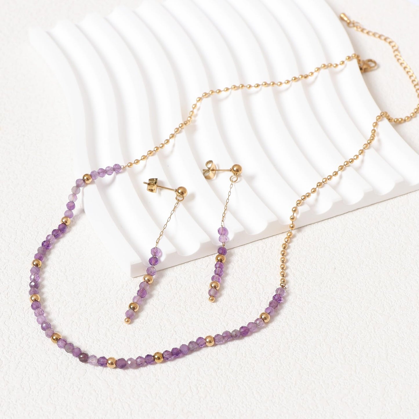 TaYolnFaSo Round Amethyst Beads Jewelry Set for Women 18K Gold Plated Amethyst Necklace and Earrings Set Gift for Wife