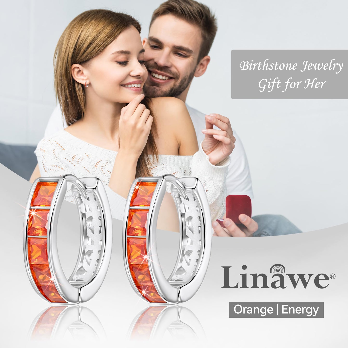 Linawe Silver Hoop Stud Earrings, Orange Cubic Zirconia Huggie Earrings for Women, Cartilage Tragus Piercing Jewelry, Imitation Diamond Rhinestone Crystal Birthstone Small Dainty Hoops
