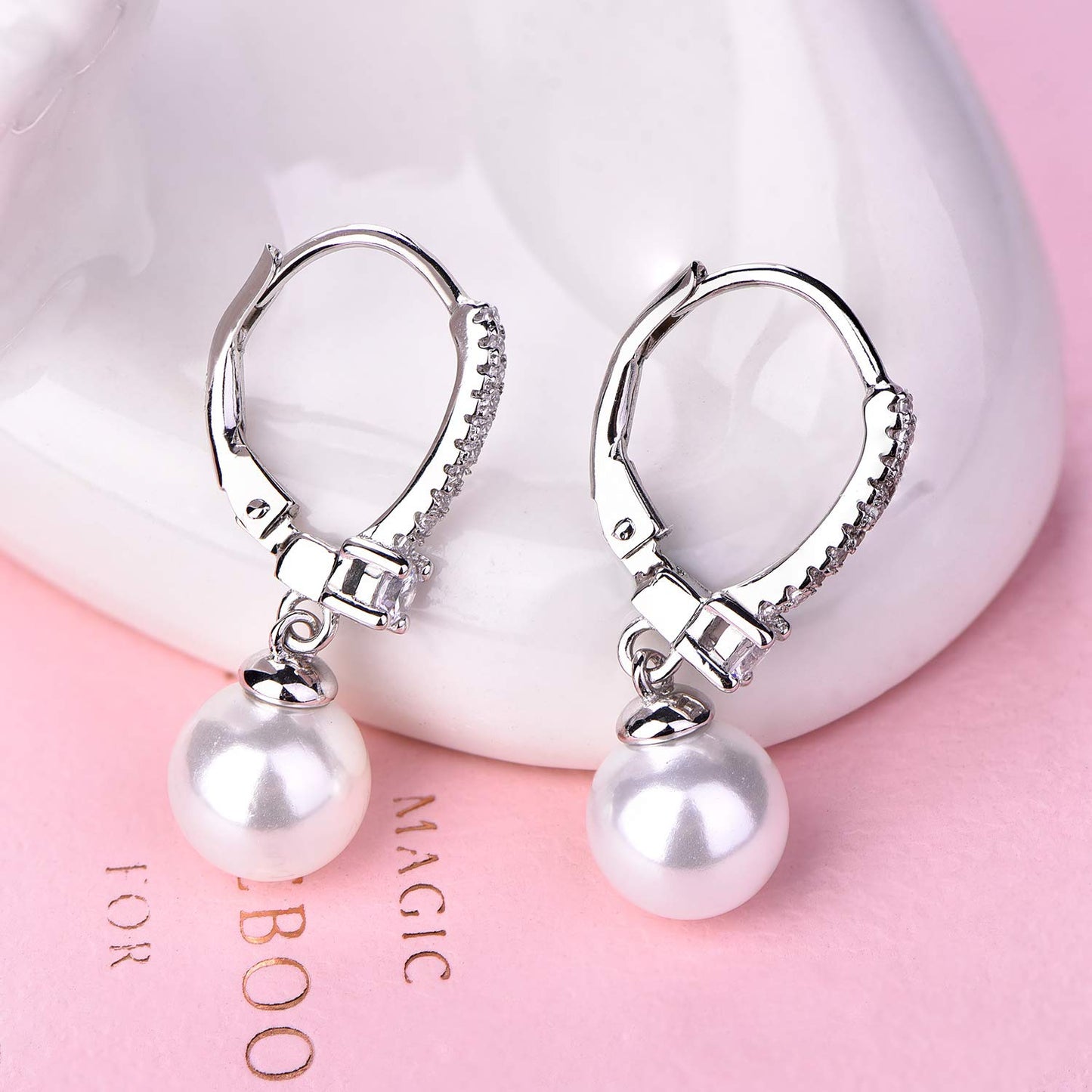 JO WISDOM 925 Sterling Silver Black/White Pearl Earrings for Women with Simulated Dangle Pearls 8mm