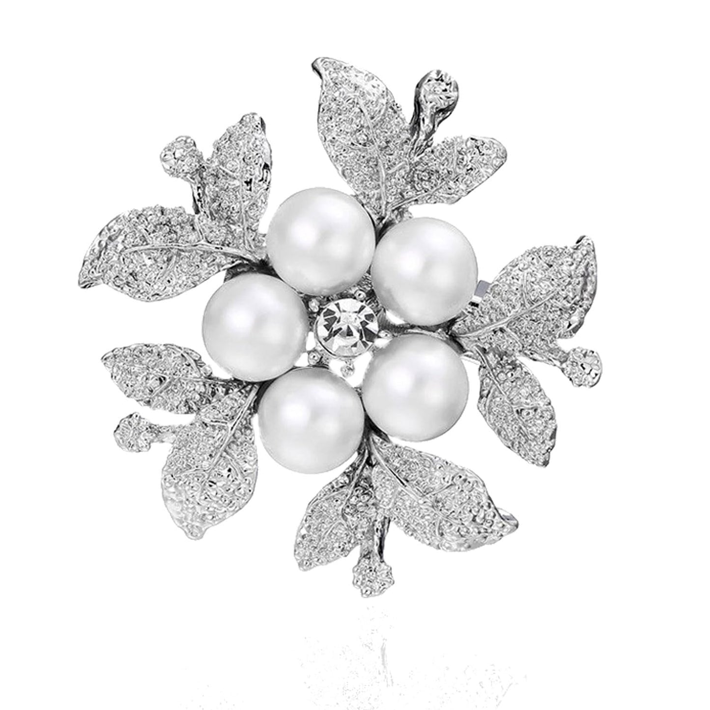 Flower Crystal Brooches Pins Fashion Beautiful Created Rhinestone Floral Brooch Good Idea for Party Dance Wedding Banquet for Elegant Women Girl (Silver Pearl Flower)