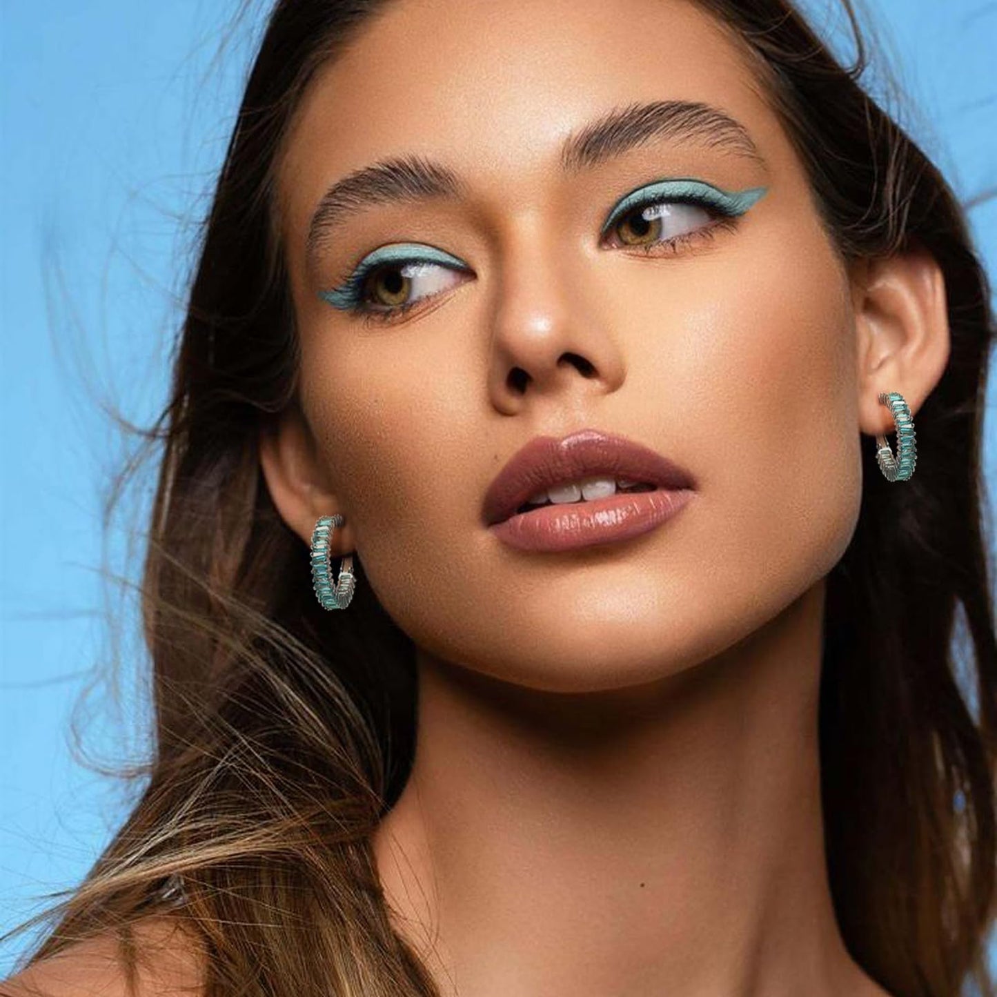 GLOQUAT Gold Lake Blue Hoop Earrings Silver Plated Teal Aqua Blue Earring for Women Vintage Baguette Cubic Zirconia Earring Fashion Round Circle Rhinestone Hoops for Women 925 Silver Post Jewelry 25mm