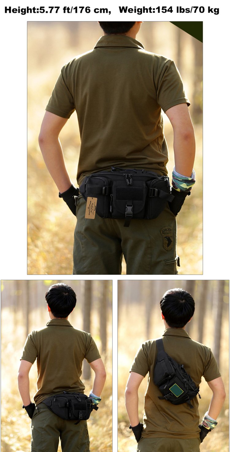 ArcEnCiel Tactical Fanny Pack for Men Women Waist Bag Hip Belt Outdoor Hiking Fishing Bumbag with Patch (Black)