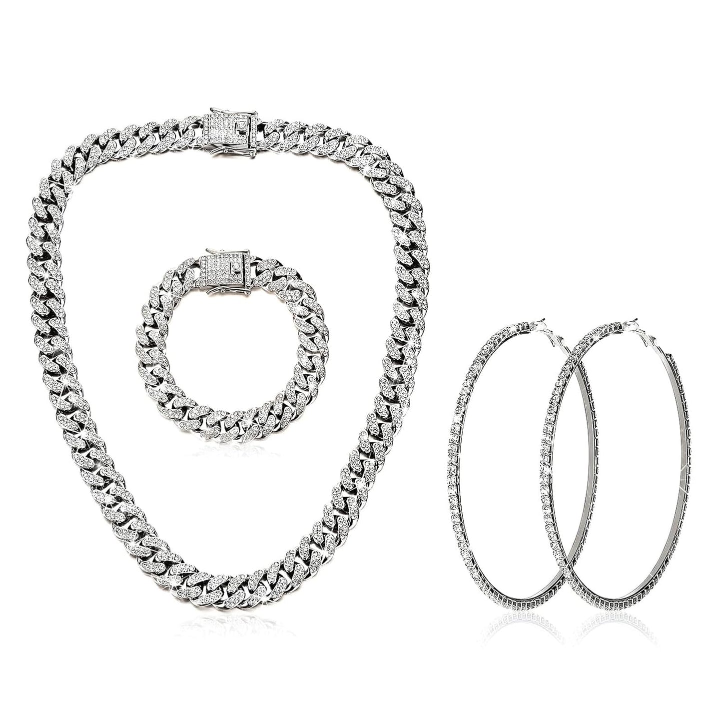 LULII Link Chain Necklace Bracelet Rhinestone Big Circle Hoop Earrings Set Bling Crystal Jewelry Set for Women