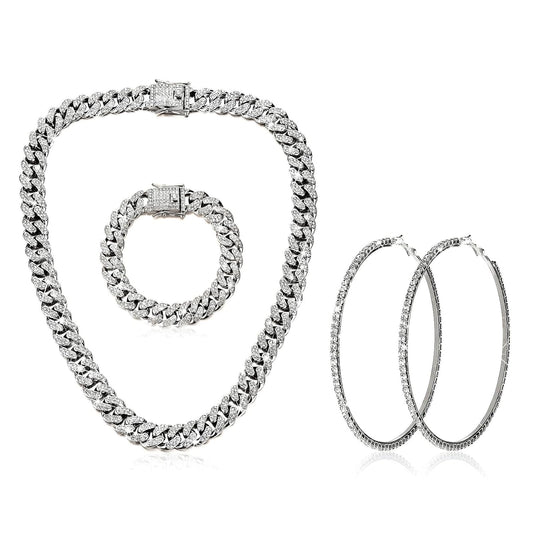 LULII Link Chain Necklace Bracelet Rhinestone Big Circle Hoop Earrings Set Bling Crystal Jewelry Set for Women