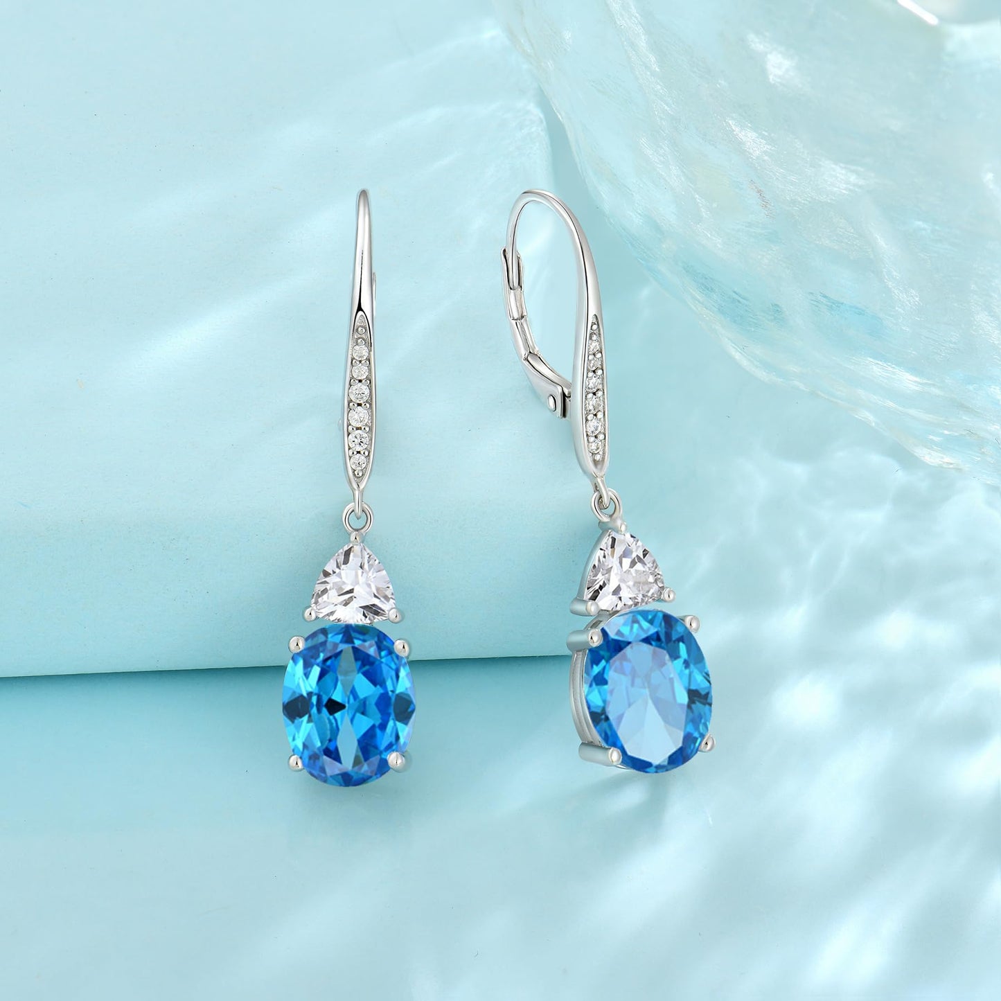 Rocayi Oval Aquamarine Earrings for Women 925 Sterling Silver Dangle Drop Leverback Earrings March Birthstone Jewelry for Her