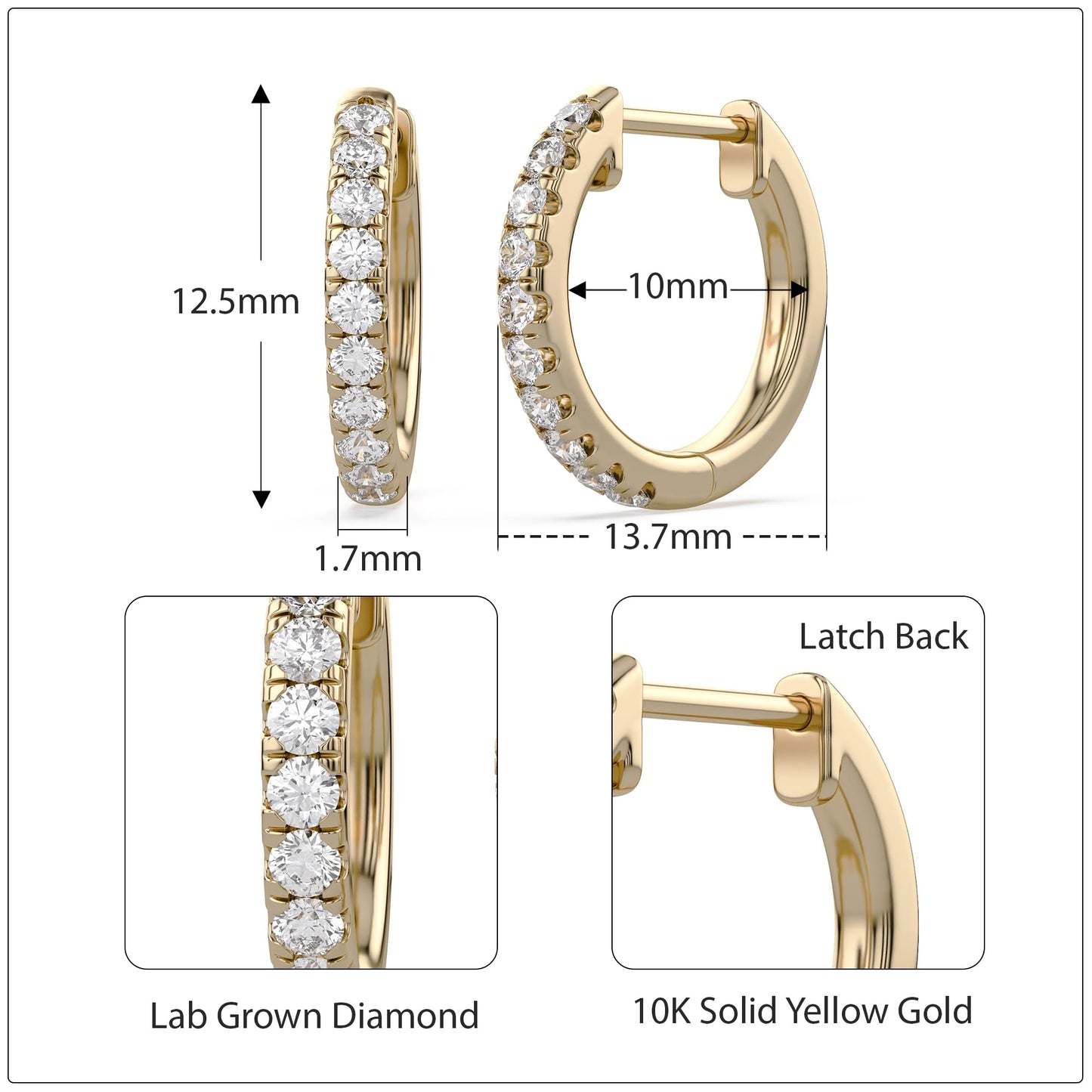 Huggie Hoop Earrings For Women, 1/4 Carat Round Shape Lab Grown Diamond Wedding Bridal Hoop Earrings In 10K Solid Yellow Gold Jewelry for Her (0.25 Cttw)