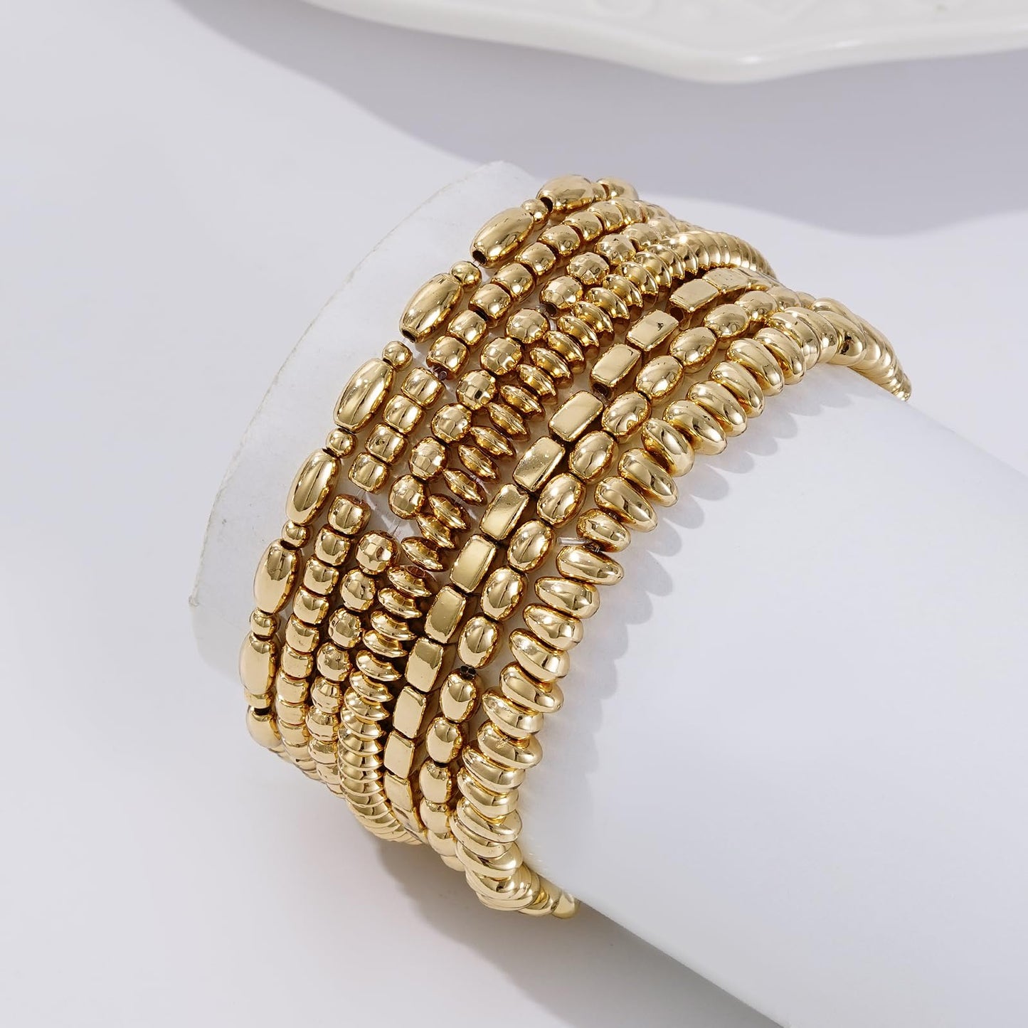 Sajidos Gold Plated Beaded Bracelets for Women Trendy, 14K Gold Plated Stack Cross Pearl Bead Stretch Bracelets Set Elastic Hypoallergenic Bracelets Jewelry Gifts (style5)