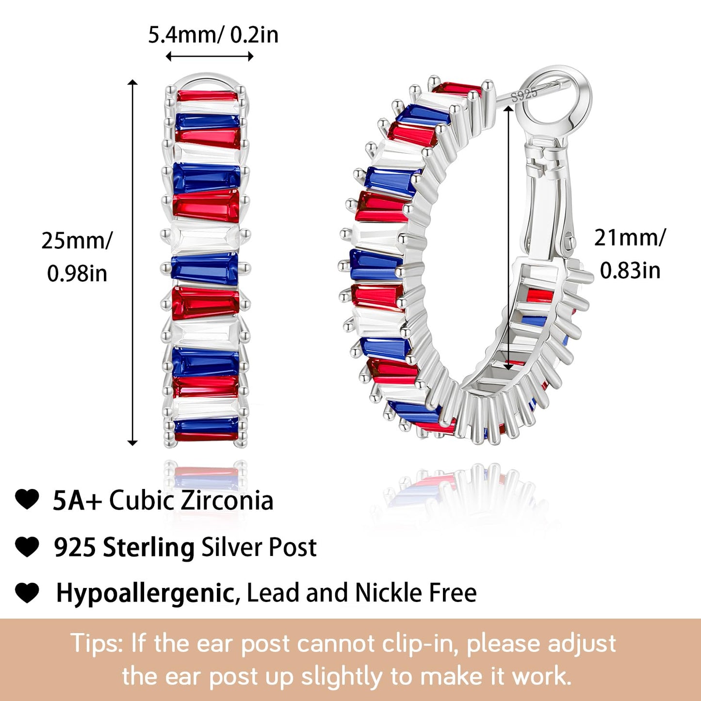 GLOQUAT American Flag Hoop Earring Silver Plated Patriotic Hoops for Women 4th of July Earrings for Women 925 Sterling Silver Post Ole Miss Earrings Memorial Day Red White and Blue Hoops Jewelry