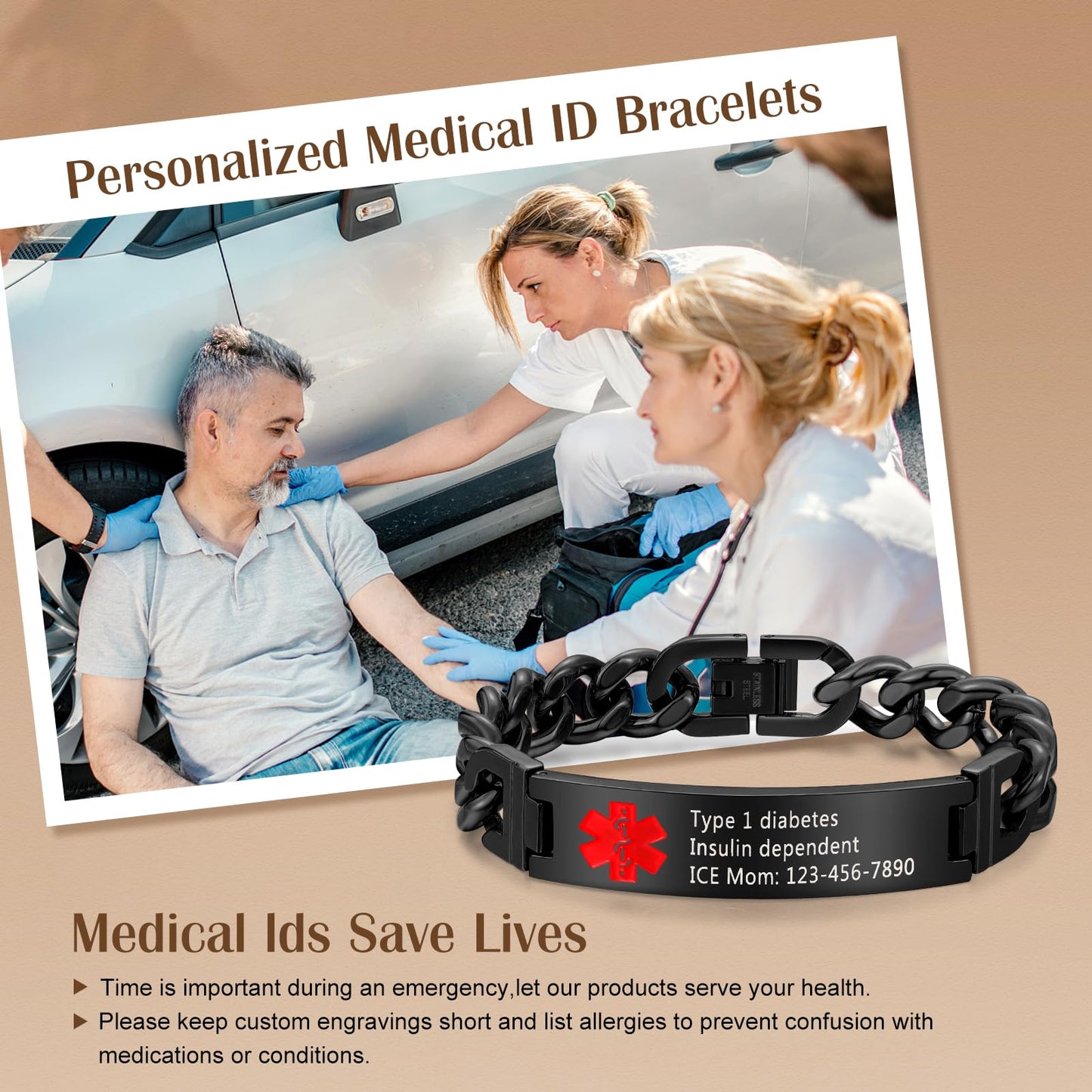 Bijouweled Medical Alert Bracelet for Women Men 7.5 to 9.8 Inches Emergency ID Bracelets Free Engraving Personalized Medic Alert Bracelet for Adult (Black 7.5-9.8inch 3 sizes)