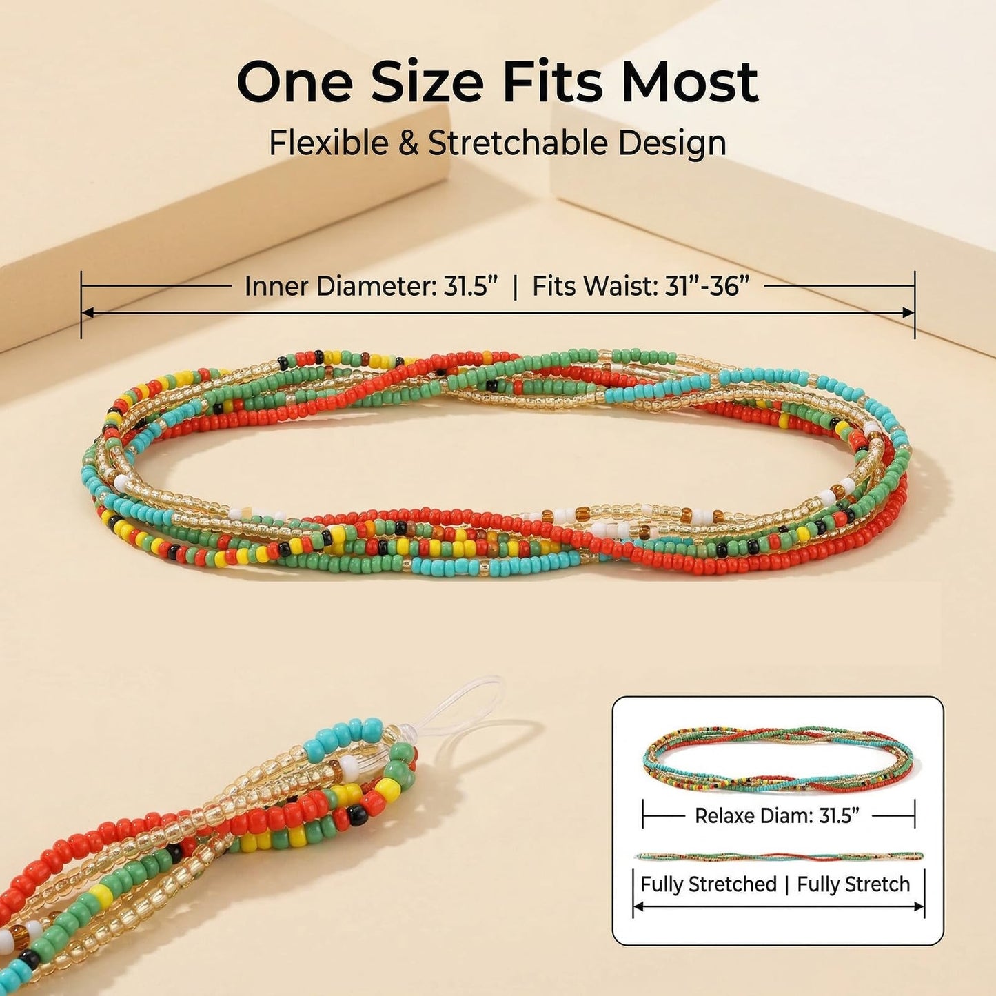 Waist Beads Body jewelry, Colorful Belly beads, Bohemian Bead jewelry, Layered Belly chains, 31.5Inch Stretches Waist chain (7 Piece) (WB001-2#)