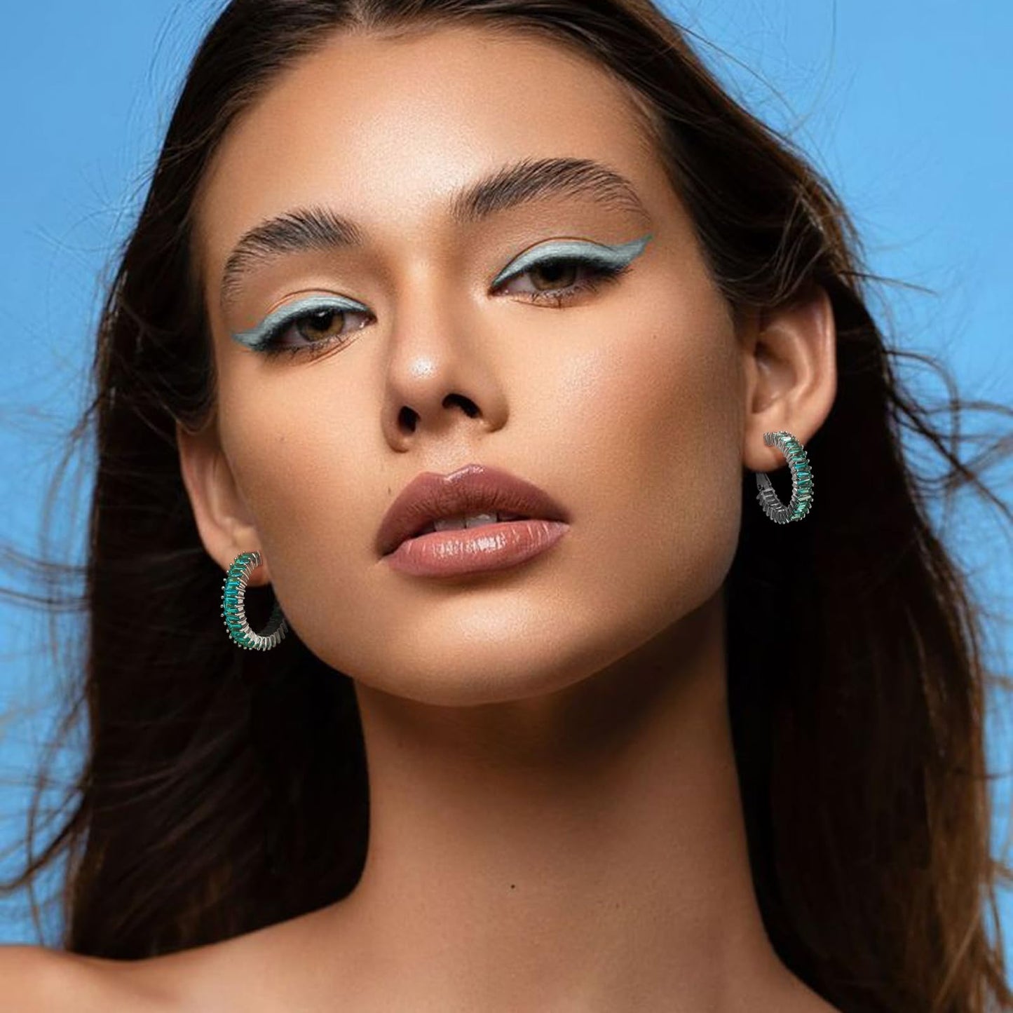 GLOQUAT Gold Lake Blue Hoop Earrings Silver Plated Teal Aqua Blue Earring for Women Vintage Baguette Cubic Zirconia Earring Fashion Round Circle Rhinestone Hoops for Women 925 Silver Post Jewelry 25mm