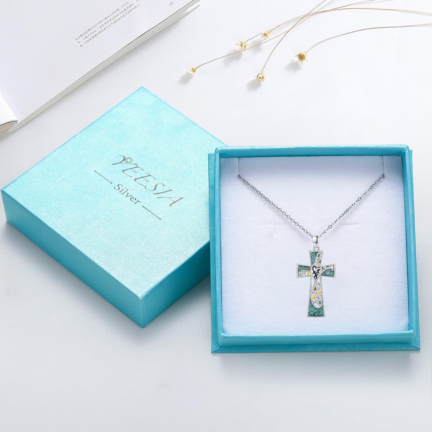 YEESIA Cross Necklace 925 Sterling Silver Turquoise Faith Pendant Necklace Flower Jewelry Gift for Women Mom Mothers Day
