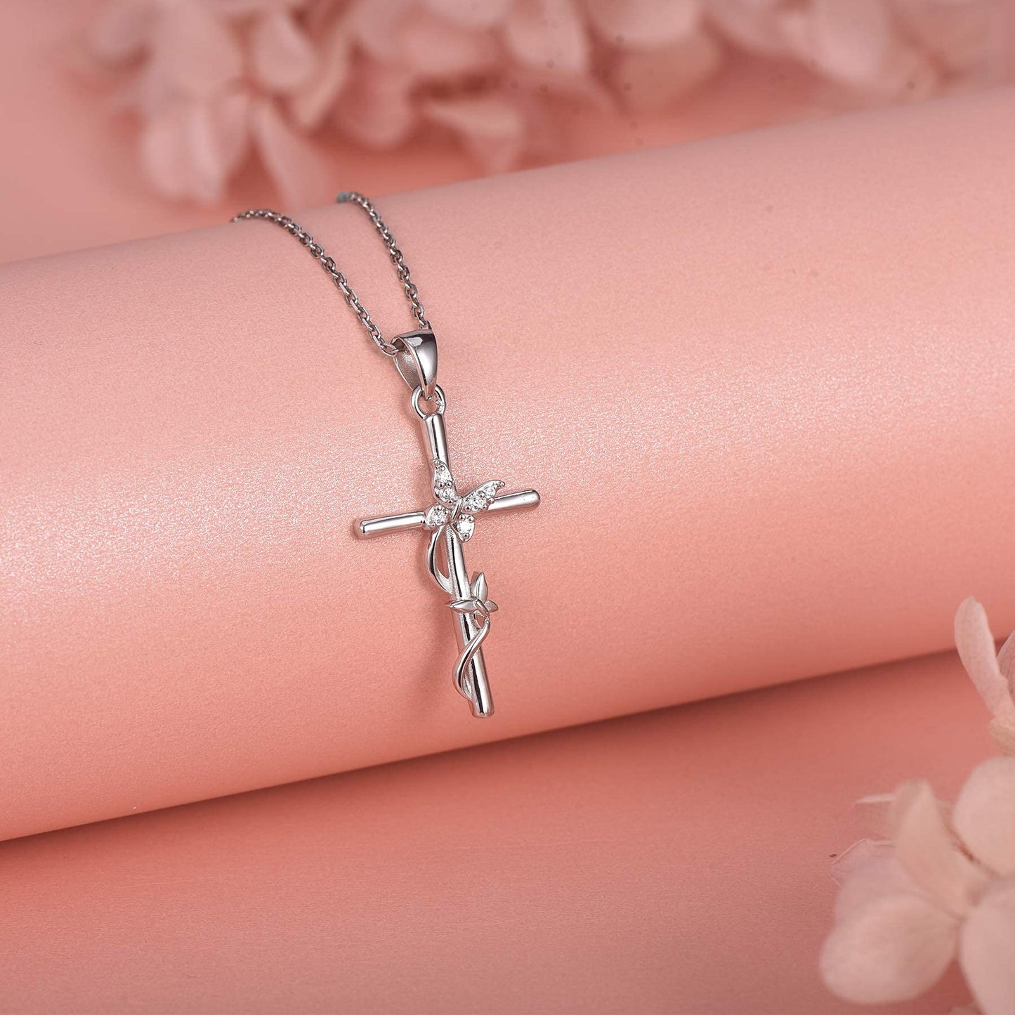 Distance Cross Necklace for Women 925 Sterling Silver Double Butterfly Pendant Necklace for Mom Wife Gift for Mother's Day or Birthday