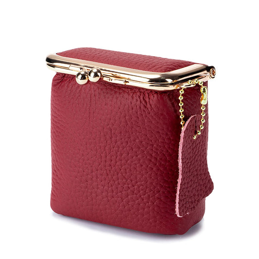 Genuine Litchi Leather Coin Purse for Women, Portable Vintage Wallet with Kiss Lock Mini Lipstick Holder Fashion Solid Color Key Storage Square Pouch (Wine red)