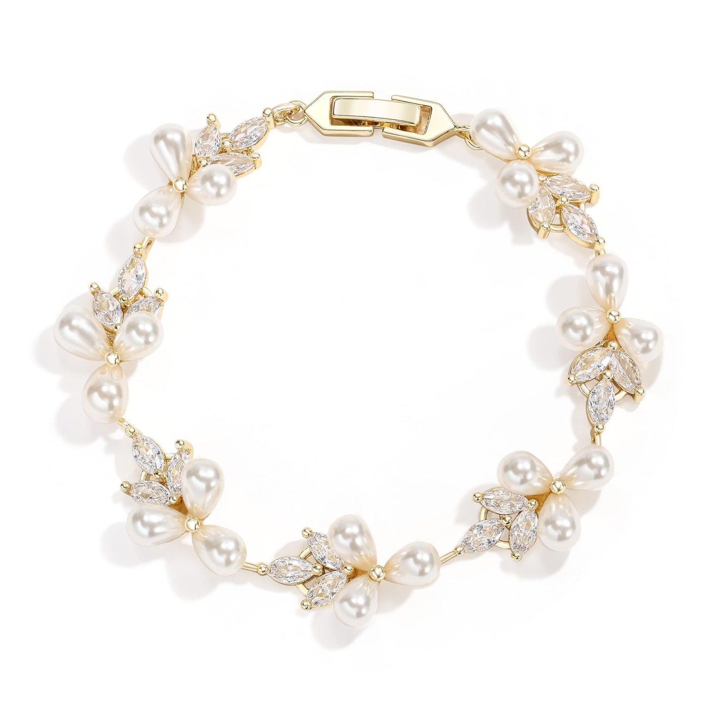EVER FAITH Wedding Jewelry for Bride Marquise Cubic Zirconia Cream Faux Pearl Floral Leaf Bridal Prom Tennis Bracelet for Women Clear Gold-Plated-Brass
