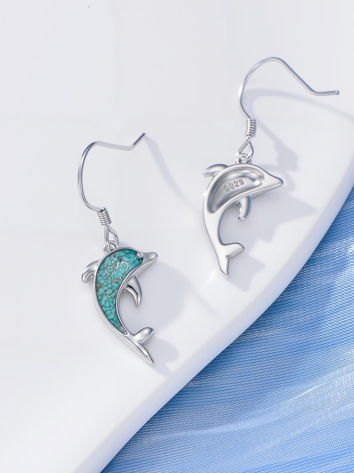 HPQQ Dolphin Earrings 925 Sterling Silver Turquoise Dolphin Dangle Earrings Ocean Beach Themed Jewelry Mother's Day Jewelry Gifts for Women