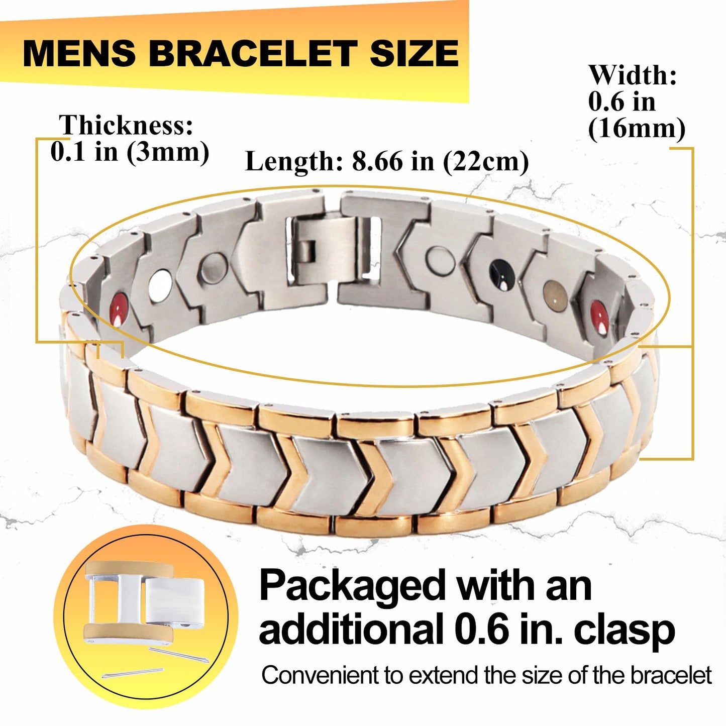 KYOSI Mens Magnetic Bracelet Stainless Steel Link Magnet Jewelry Bracelet Accessories for Men Christmas Gift 8.66 inches (Silver&Gold)