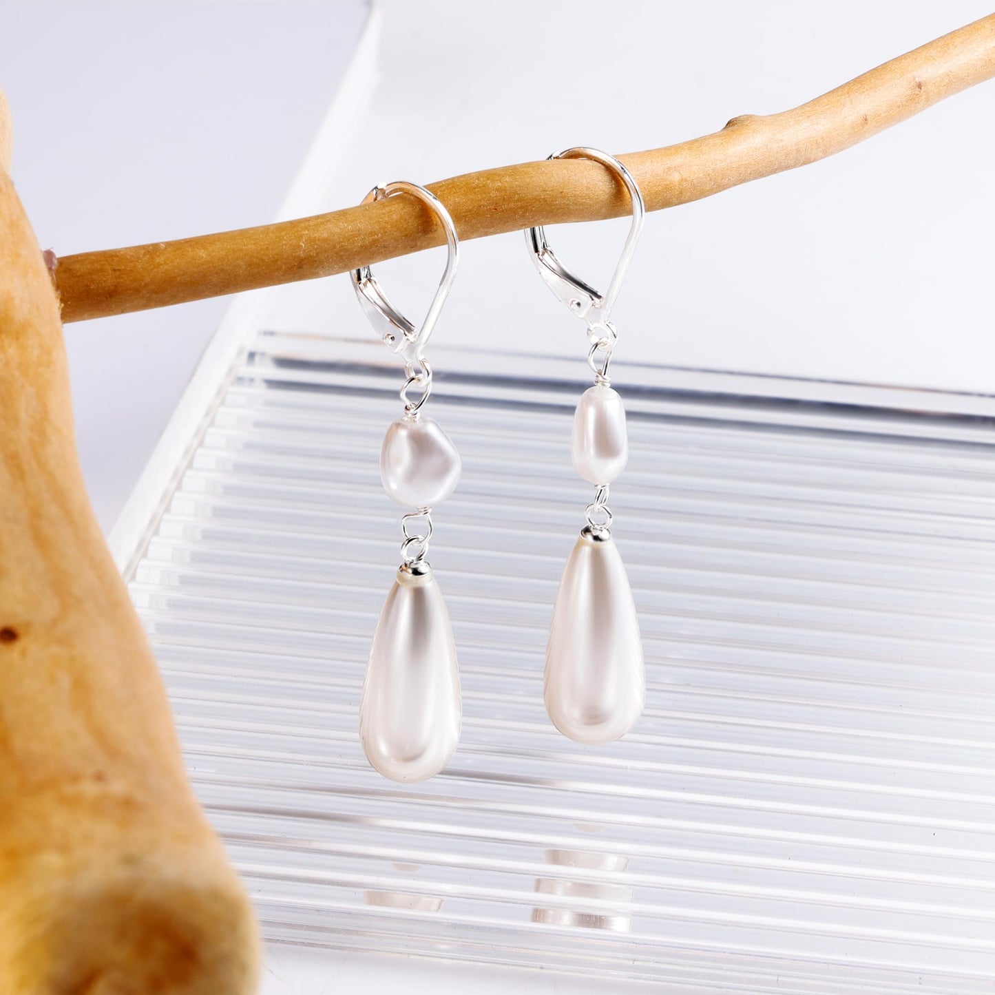 Silver Pearl Dangle Earrings for Women 925 Sterling Silver Double pearl Drop Earrings Leverback Irregular-Pearl Hypoallergenic Earring