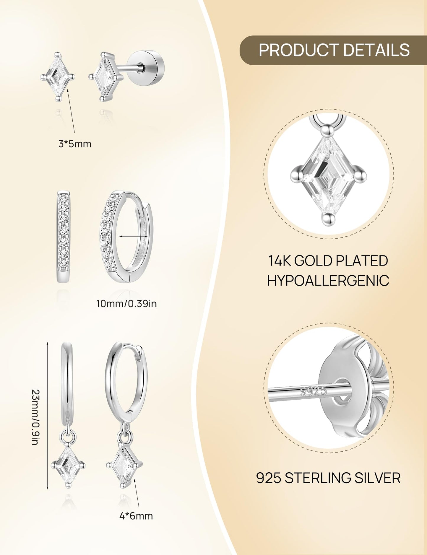 3 Pairs 925 Sterling Silver Hoop Earrings Set for Women, Hypoallergenic Silver Earrings for Multiple Piercing, Dainty Flat Back Stud Dangle Earring Stacks for Women Trendy Non Tarnish Jewelry Gifts