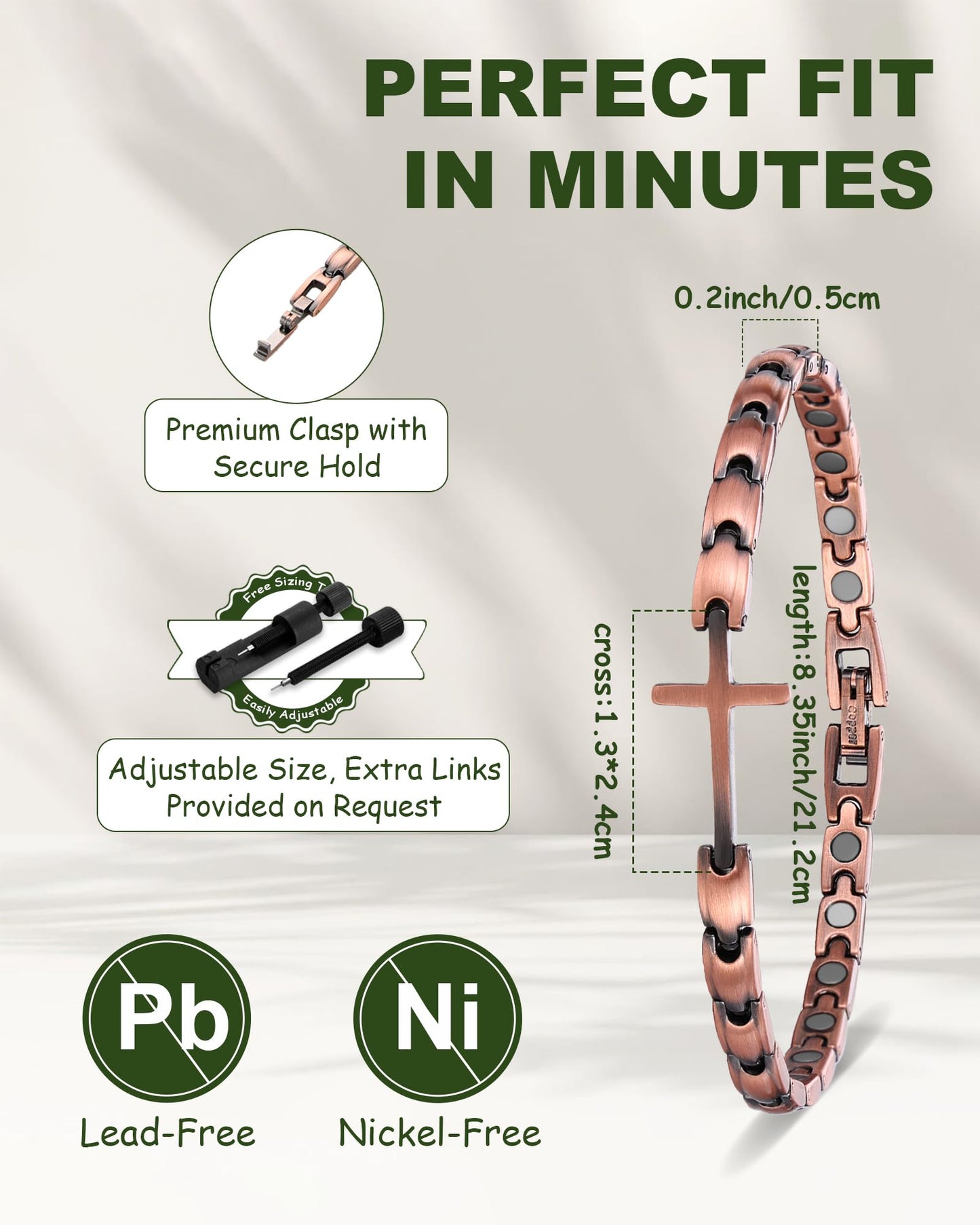 MagEnergy Copper Magnetic Bracelet for Women, Cross Copper Bracelet with 3500 Gauss Magnets, Adjustable, Christian Jewelry Gift