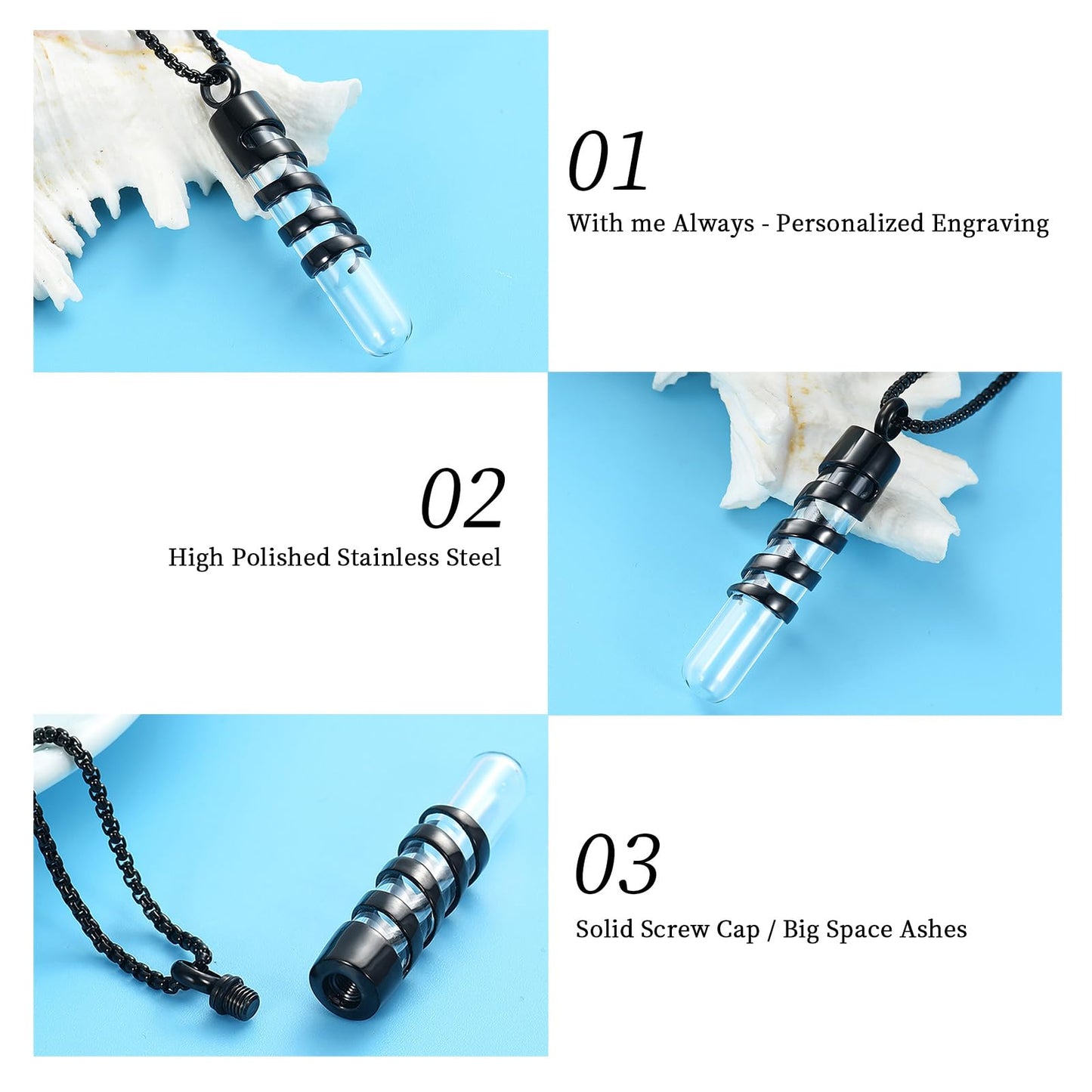 Oinsi Clear Glass Tube Cremation Urn Jewelry Ashes Holder Necklace Keepsake Memorial Pendant Including Box/Fill Kits (Black)
