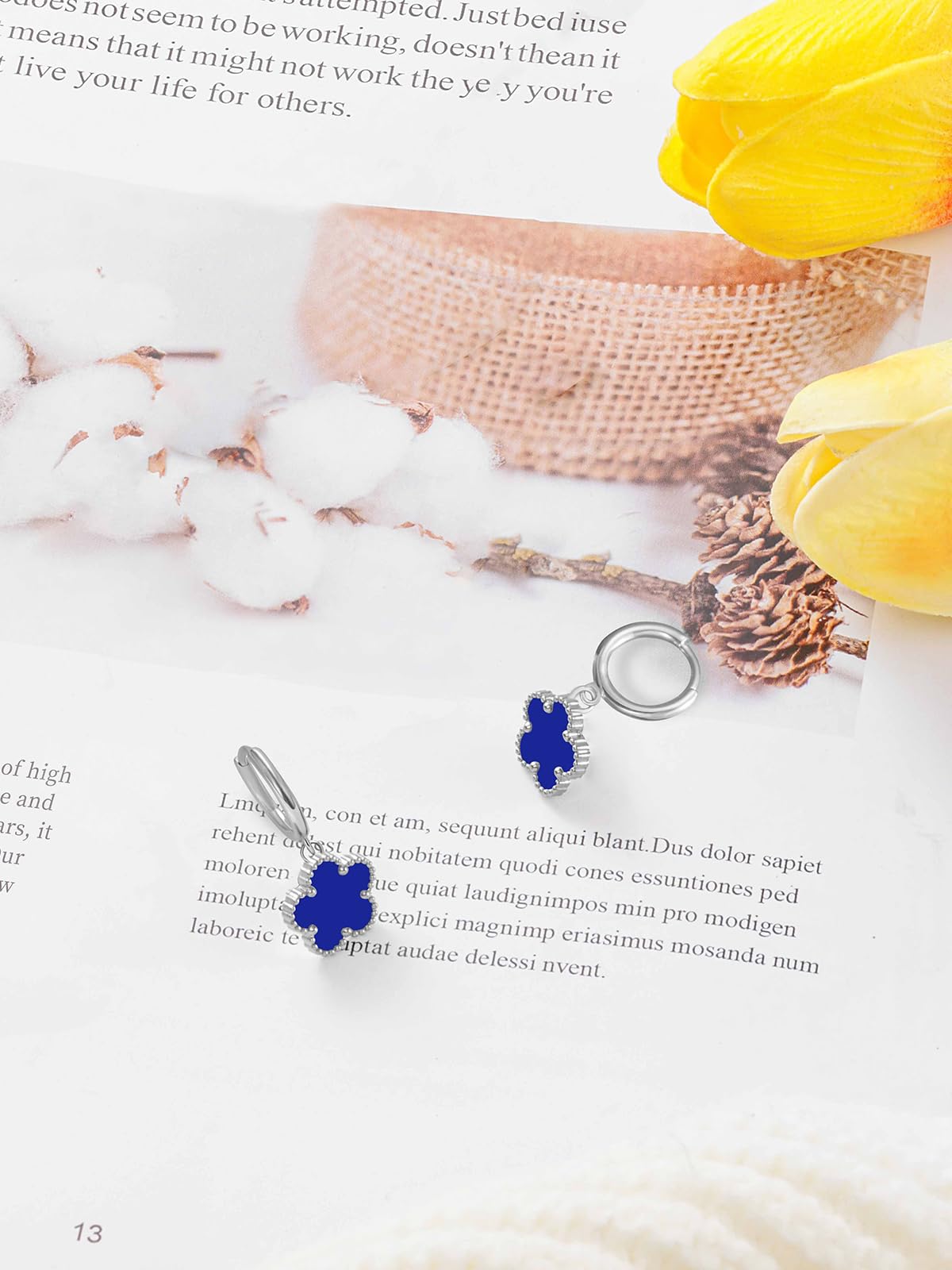 Gold Plated Five Leaf Clover Dangle Earrings for Women Lucky Flower Jewelry (Royal Blue-White Gold Plated)