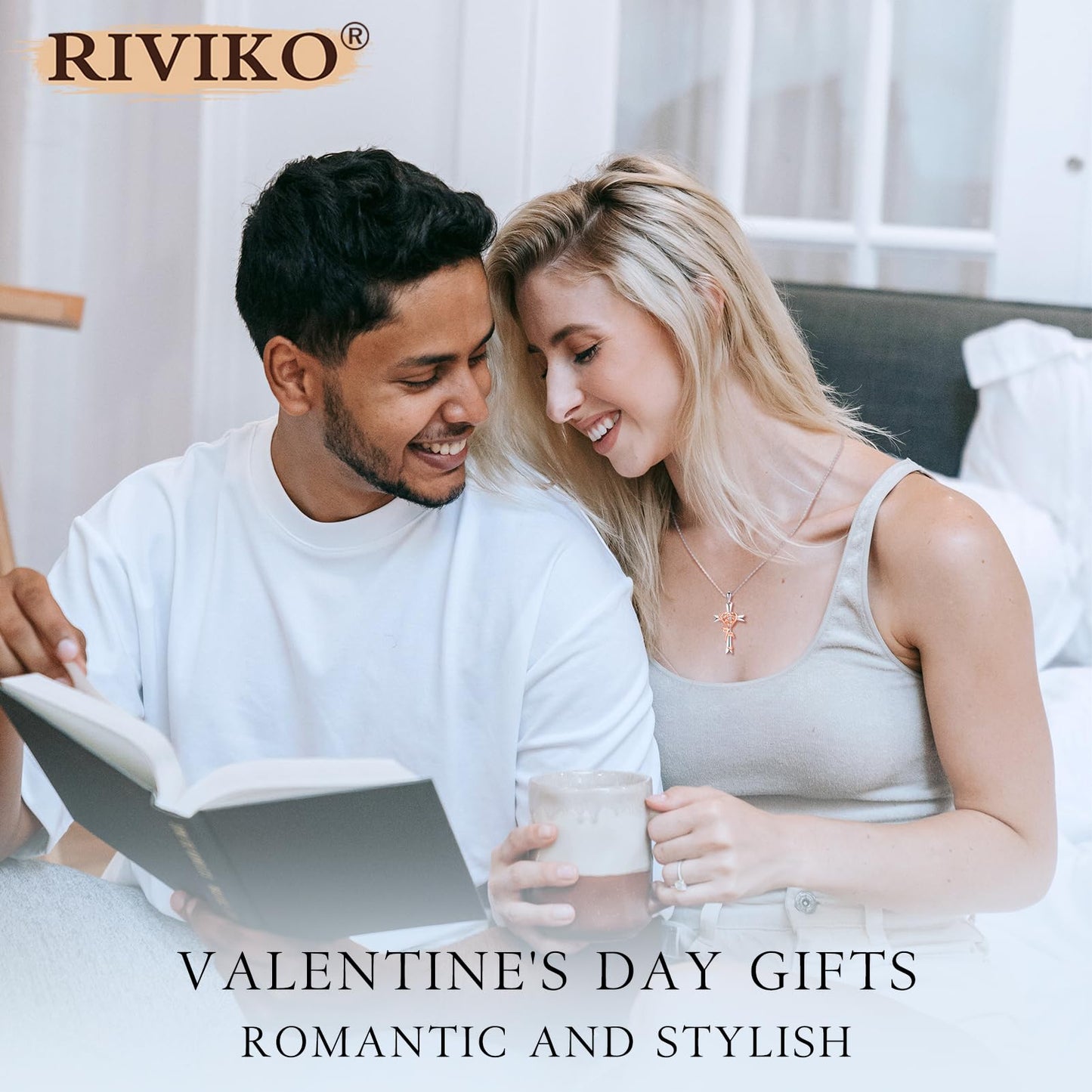 RIVIKO 925 Sterling Silver Cross April Birthstone Necklace for Women Cross Rose Pendant Necklaces Trendy Valentine's Day Christmas Jewelry Anniversary Jewelry Birthday Gift for Women Her Wife Girlfriends Daughter