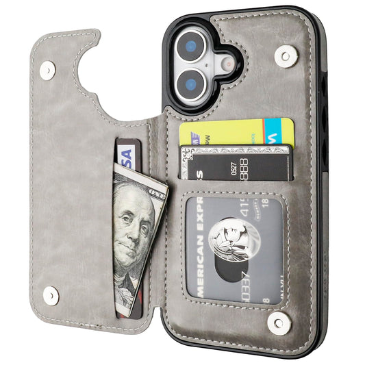 ONETOP Compatible with iPhone 17 Wallet Case with Card Holder, PU Leather Kickstand Card Slots Case, Double Magnetic Clasp and Durable Shockproof Cover 6.3 Inch (Gray)