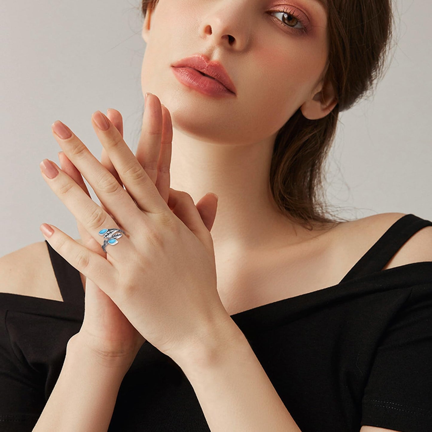 POPLYKE Leaf Turquoise Ring Sterling Silver Boho Adjustable Open Ring Spoon Ring Vintage Thumb Rings for Women