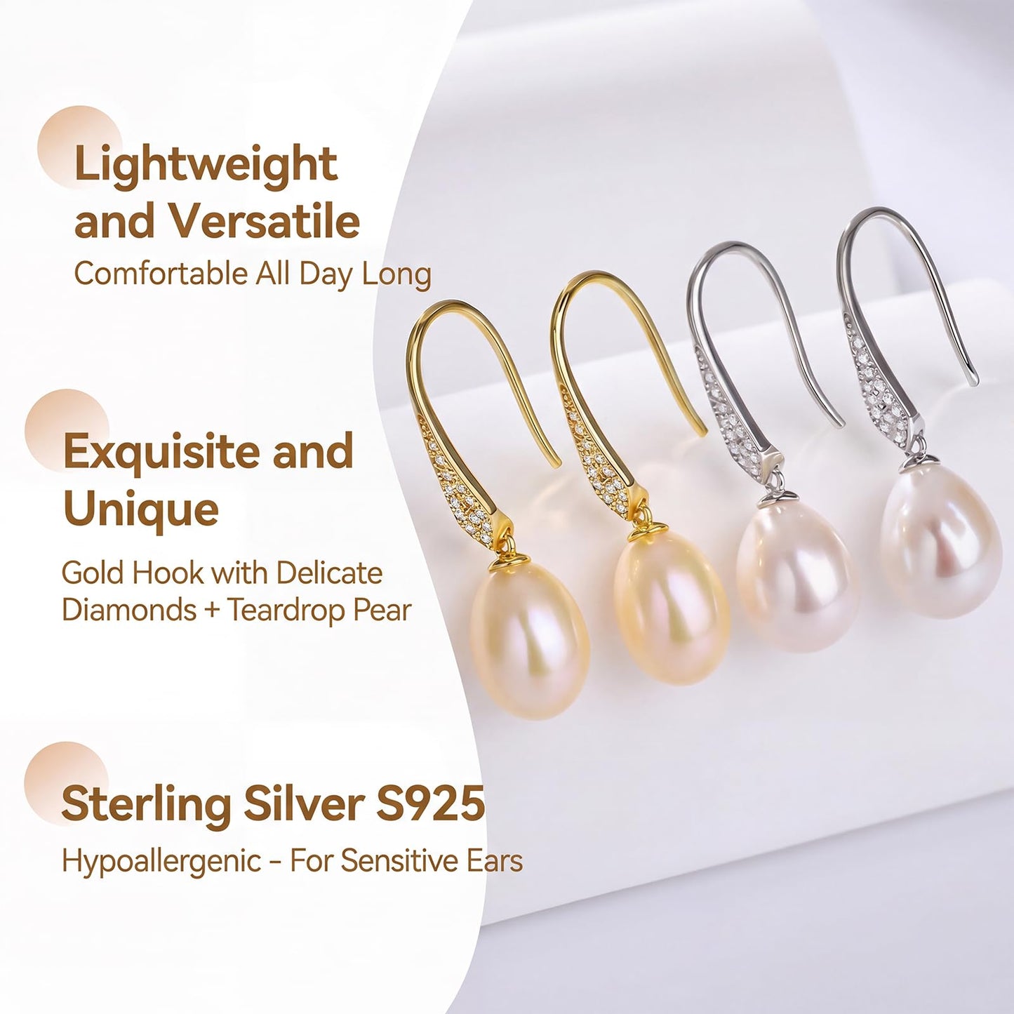 Pearl Drop Earrings for Women, Gold Plated & 925 Sterling Silver, Pink & White Dangle Earrings, Dainty Cute Elegant Bridal Wedding Gift for Her
