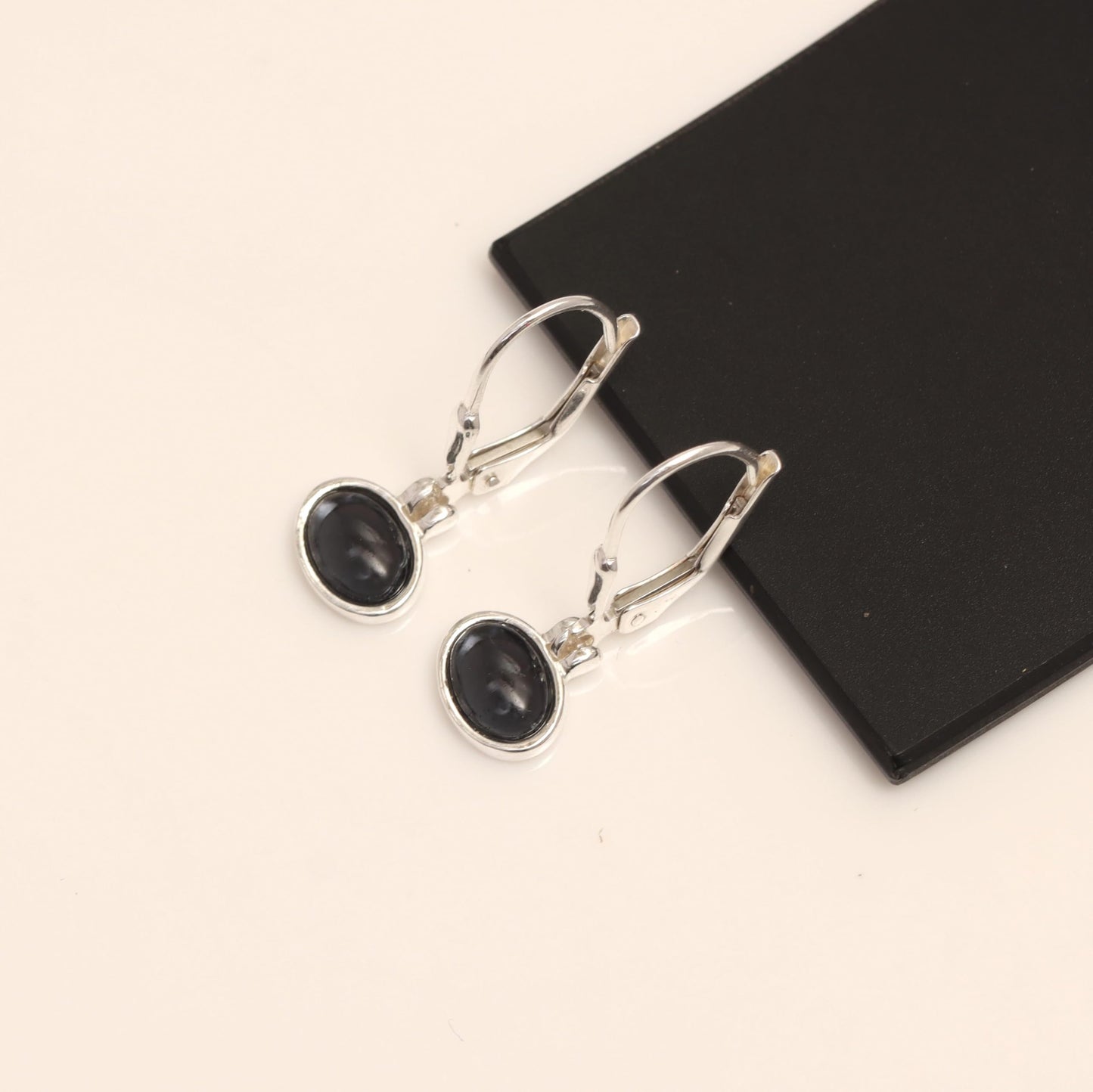 LeCalla 925 Sterling Silver Leverback Earrings for Women | Bezel-Set Black Onyx Oval Gemstone Drop Earrings | Women’s Gemstone Faceted Earrings 23MM