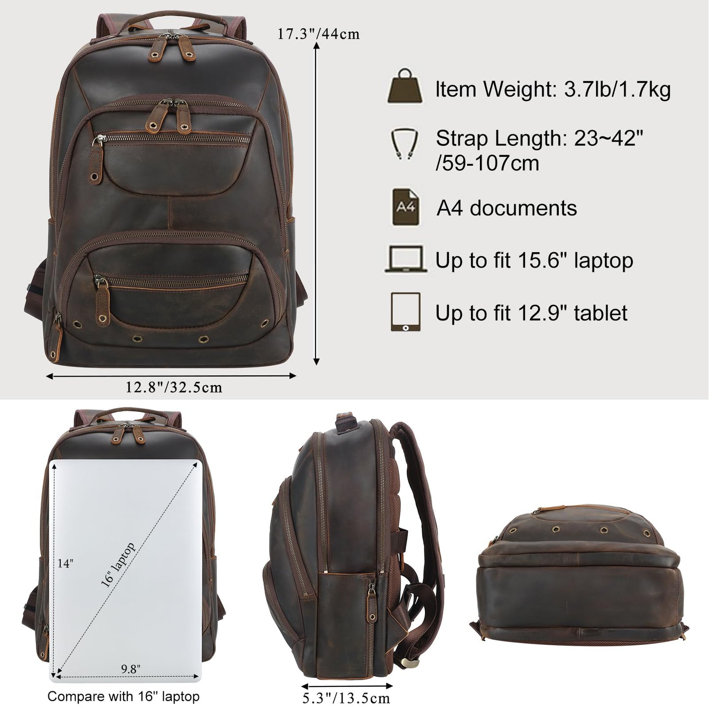 TIDING Leather Laptop Travel Backpack for Men Fits 15.6" 16" Computer, Large Business Work Bag Vintage Overnight Weekender Daypack Camping Rucksack